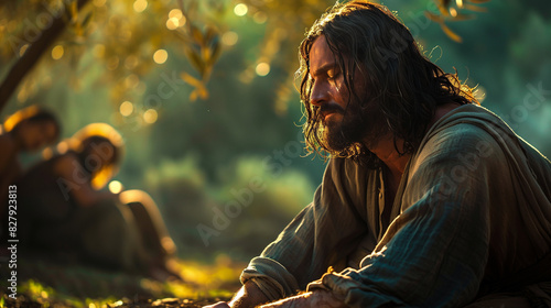 Jesus kneeling in the Garden of Gethsemane, praying with a sorrowful expression as he seeks strength for the trials ahead. The moonlit garden is quiet, with olive trees casting long shadows