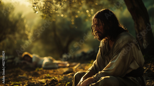 Jesus kneeling in the Garden of Gethsemane, praying with a sorrowful expression as he seeks strength for the trials ahead. The moonlit garden is quiet, with olive trees casting long shadows
