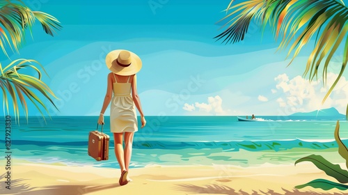 A woman in a light dress and sun hat walks towards the ocean with a small suitcase. The bright colors, clear blue skies and turquoise water evoke a sense of calm and vacation. Copy space