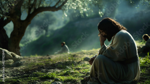 Jesus kneeling in the Garden of Gethsemane, praying with a sorrowful expression as he seeks strength for the trials ahead. The moonlit garden is quiet, with olive trees casting long shadows