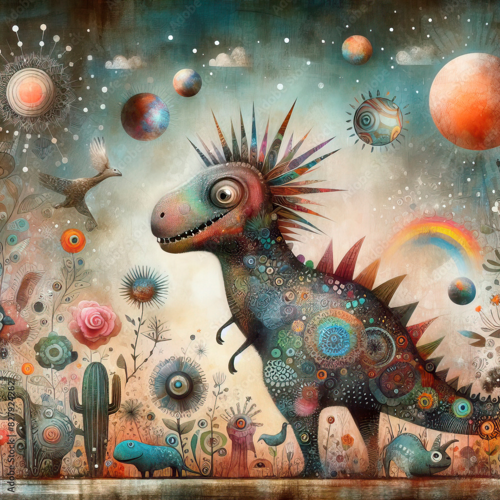 Fototapeta premium Mixed media painting of a whimsical dinosaur