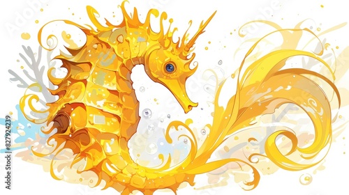 A vibrant yellow seahorse depicted in a 2d illustration set against a crisp white background