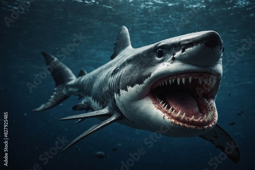 A large shark is swimming in the ocean with its mouth wide open