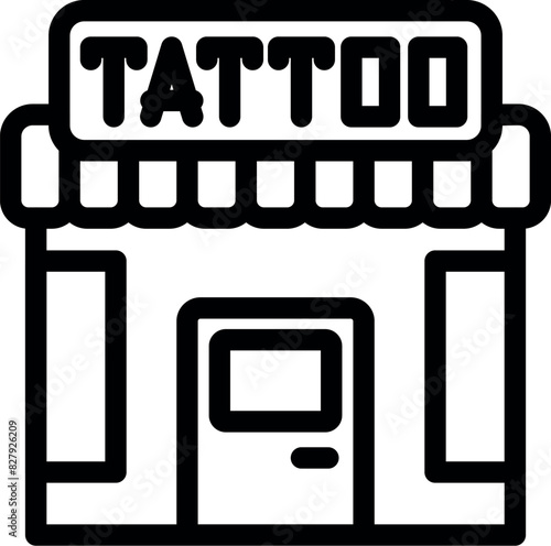 Simplistic line art icon of a tattoo parlor storefront in a bold black and white design