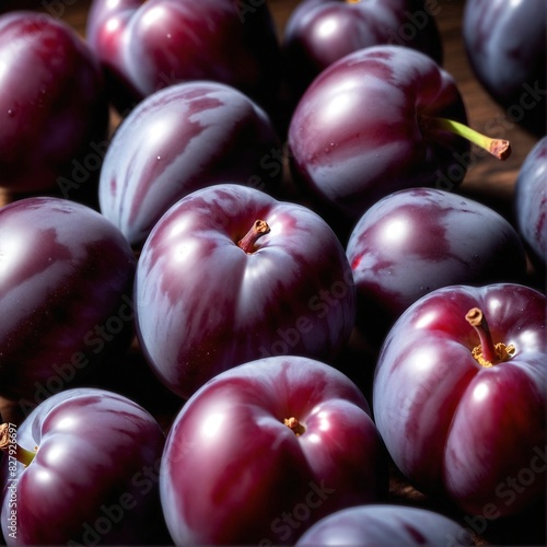 Fresh purple plum fruits on dark wooden table.