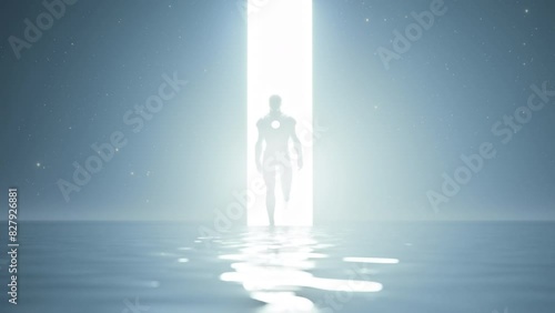 A Robot AI Coming out of Light Doorway AGI Super Intelligence Emergence photo