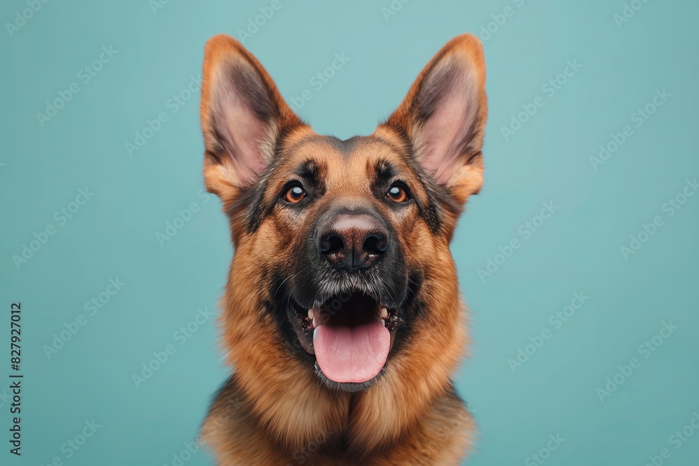 Happy German Shepard dog in studio on blue background Happy German Shepard dog in studio on blue background