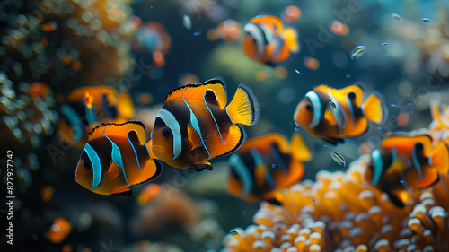 Underwater Life: Colorful Fish in Aquarium and on Coral Reef photo