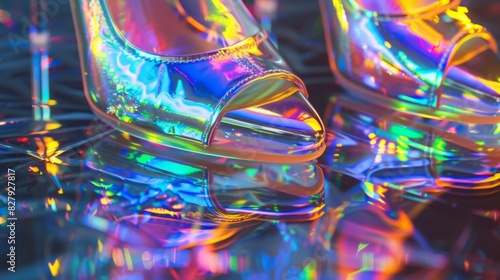 A closeup of a pair of holographic heels featuring a holographic texture that changes color depending on the viewing angle.