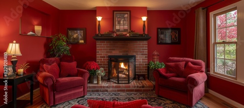 Cozy living room with red accent walls  red armchairs  and a fireplace surrounded by red bricks  providing a comfortable and intimate setting