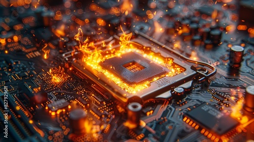 Computer CPU on fire symbolizing overheating problems photo