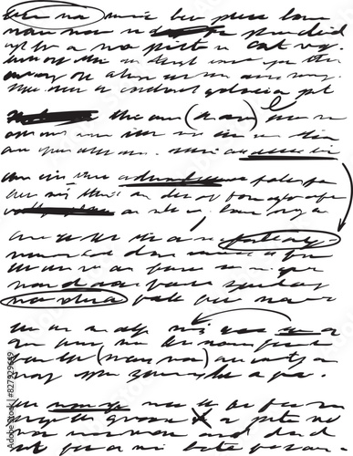 Handwritten manuscript of an essay or research paper page, messily written with arrows and parts scribbled out, along with grammar and spelling corrections, annotations, and suggestions.