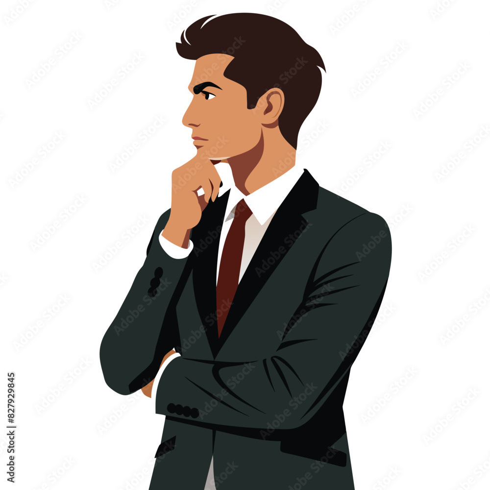  a realistic young businessman standing in a side view pose, deep in thought while holding the hand to his chin