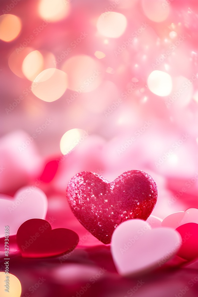 pink white and red wide background with bokeh lights and heart shape glitter on valentines with copy space. Abstract background holiday
