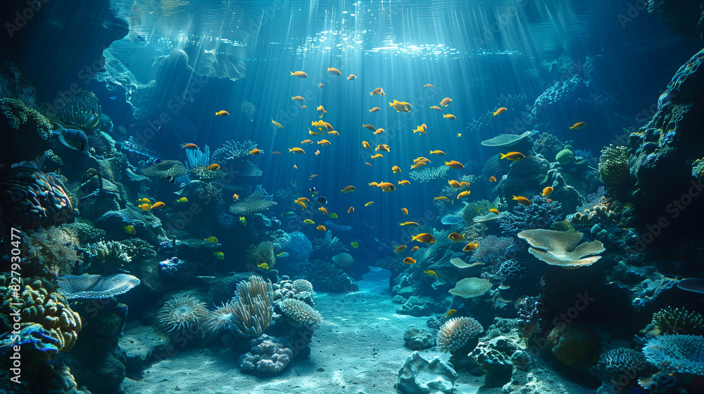 Fototapeta premium Underwater school of fish swimming around vibrant coral reef, amidst the tropical sea life and sunlight