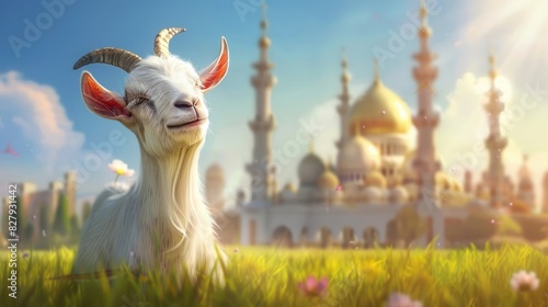eid al adha, bakra eid wallpaper, happy goat with mosque in background photo