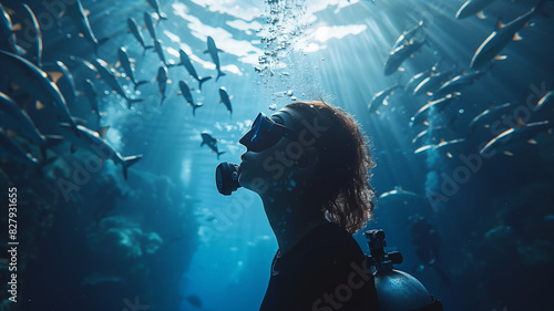 Underwater scene with a diver and fish in the deep blue ocean photo