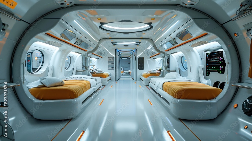 Design a futuristic ambulance interior with state-of-the-art lifesaving technology and ergonomic patient care areas Design a futuristic ambulance interior with state-of-the-art lifesaving technology and ergonomic patient care areas