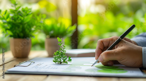 Detailed shot of a businessman's hand marking key ESG points on a paper chart, in an environmentally conscious workspace photo