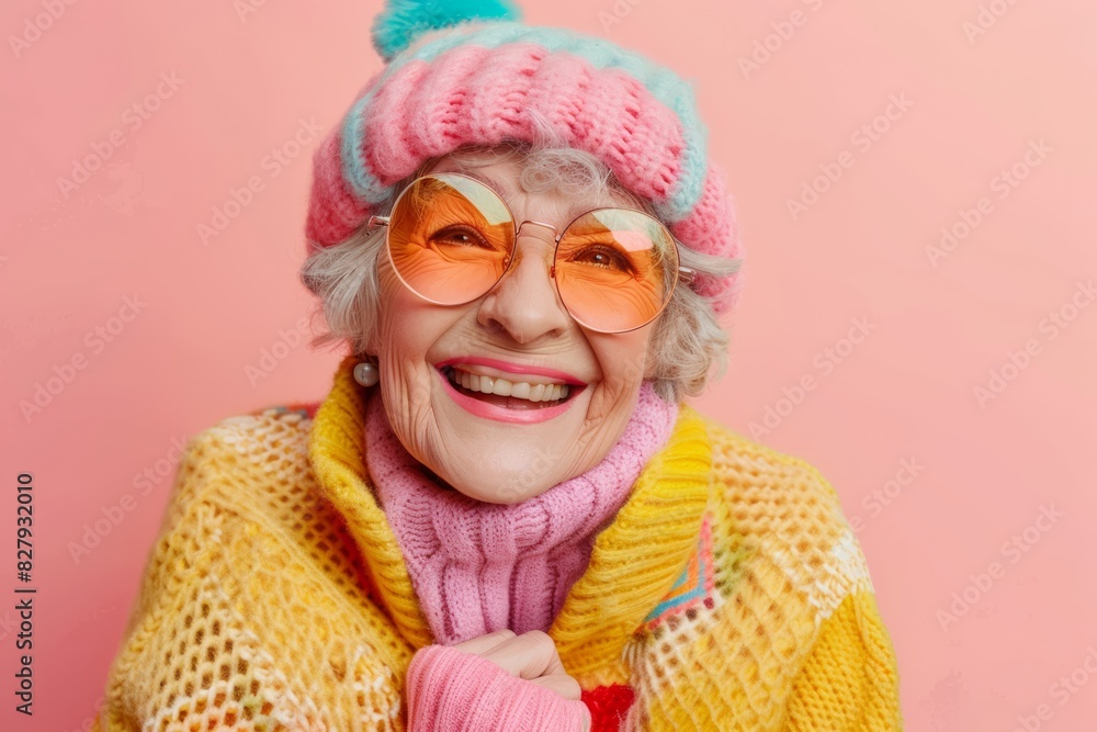 Happy Elderly Woman Laughing in Colorful Pastel Fashion, Stylish and Joyful Senior Portrait with Sunglasses Happy Elderly Woman Laughing in Colorful Pastel Fashion, Stylish and Joyful Senior Portrait with Sunglasses