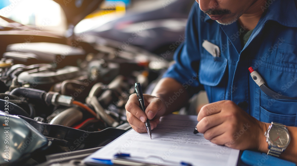 Close-up of a repairman's focused face as he writes on a clipboard, the complex details of an open car engine behind him Close-up of a repairman's focused face as he writes on a clipboard, the complex details of an open car engine behind him