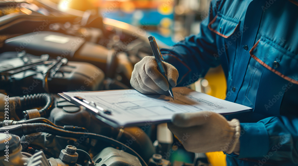 Mechanic in gloves writing a detailed job checklist on a clipboard, with the intricate components of the engine in view Mechanic in gloves writing a detailed job checklist on a clipboard, with the intricate components of the engine in view
