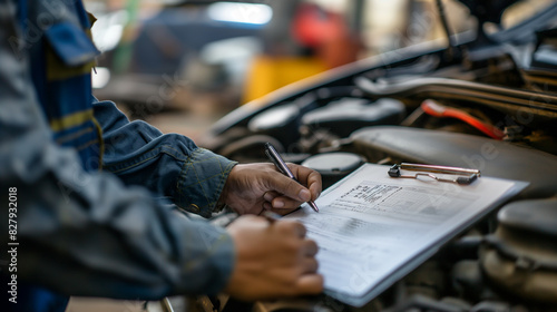 Detailed shot of a mechanic's hands holding a clipboard and pen, jotting down notes in front of an open car engine photo