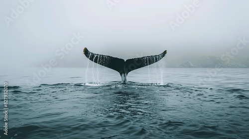 Tail fin of the mighty humpback whale above surface of the ocean. Generative Ai