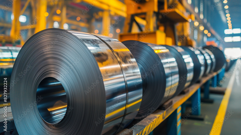 Close-up of the ends of galvanized steel coils, with cranes and industrial equipment operating in the factory background Close-up of the ends of galvanized steel coils, with cranes and industrial equipment operating in the factory background