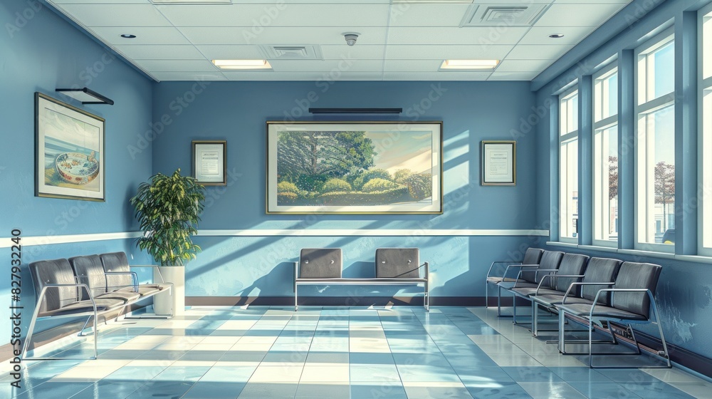 Illustrate a modern vaccination center with streamlined processes and a comfortable waiting area Illustrate a modern vaccination center with streamlined processes and a comfortable waiting area