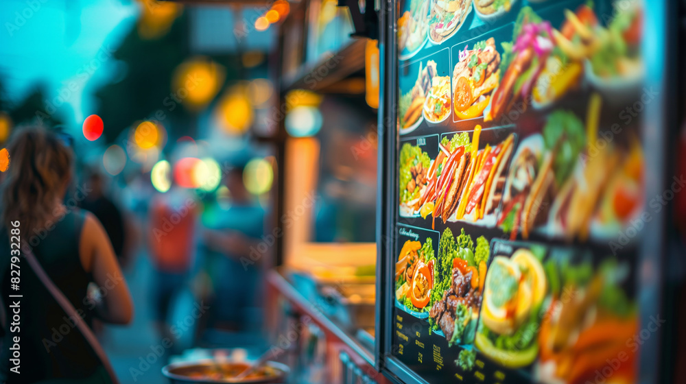 Close-up of a food truckâs vibrant menu board with selective focus, blurred festival-goers enjoying live music in the background