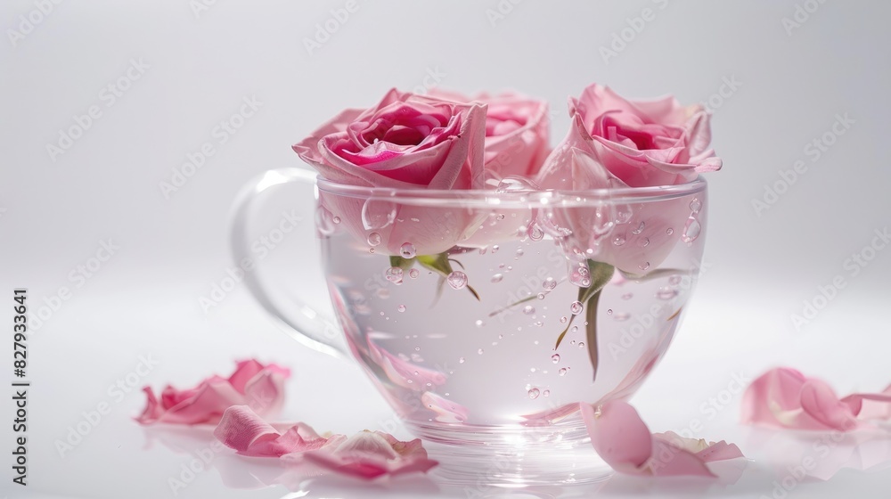 Pink roses floating in a scented water filled cup against a backdrop of white Pink roses floating in a scented water filled cup against a backdrop of white
