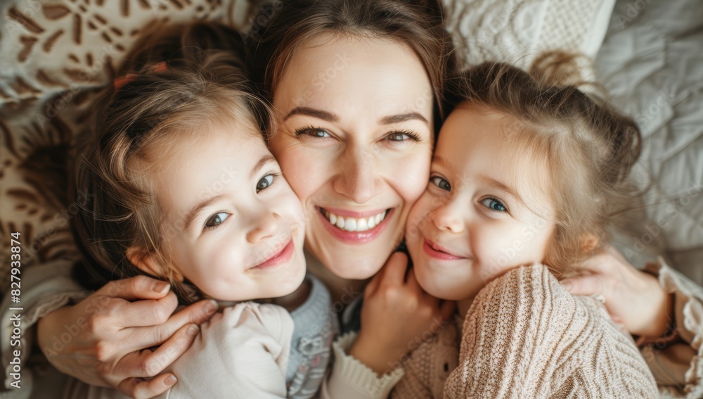 Smiling Mother with Two Daughters in a Loving Embrace Smiling Mother with Two Daughters in a Loving Embrace