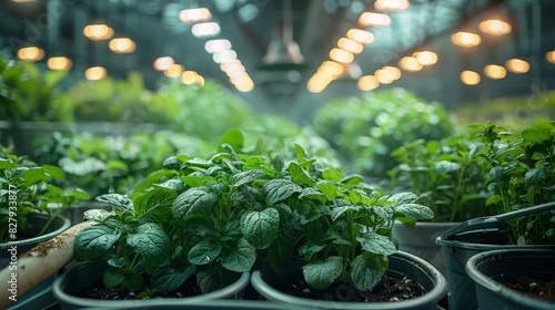 Indoor agricultural scene focused on vibrant green herb plants in a greenhouse setting with warm artificial lighting photo