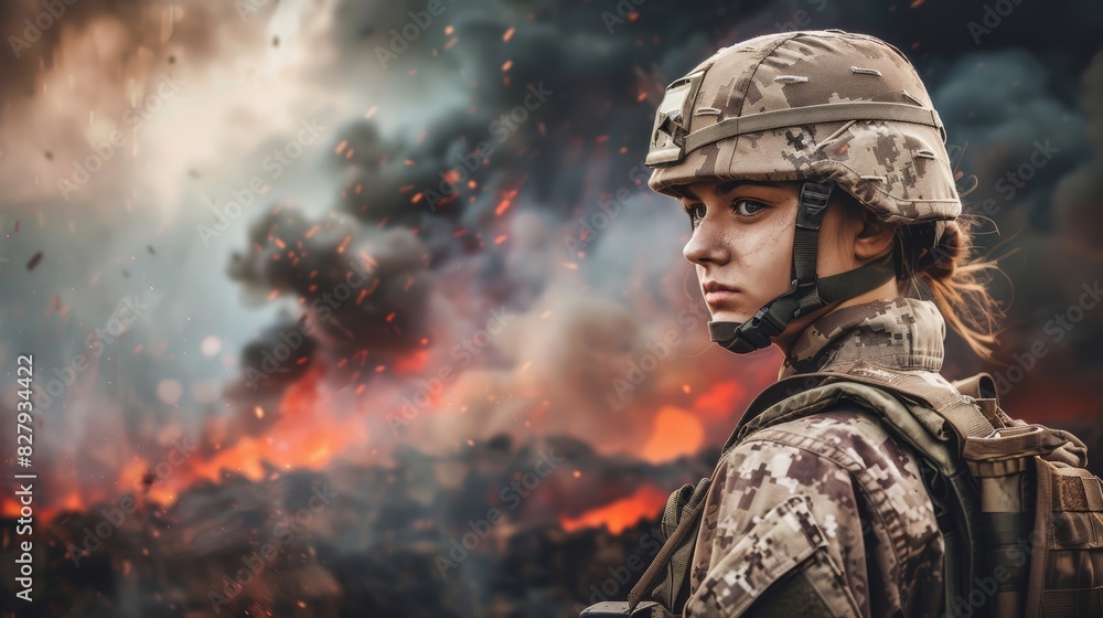 Female Soldier in Combat Gear with Intense Battlefield Background, Photorealistic Portrait Female Soldier in Combat Gear with Intense Battlefield Background, Photorealistic Portrait