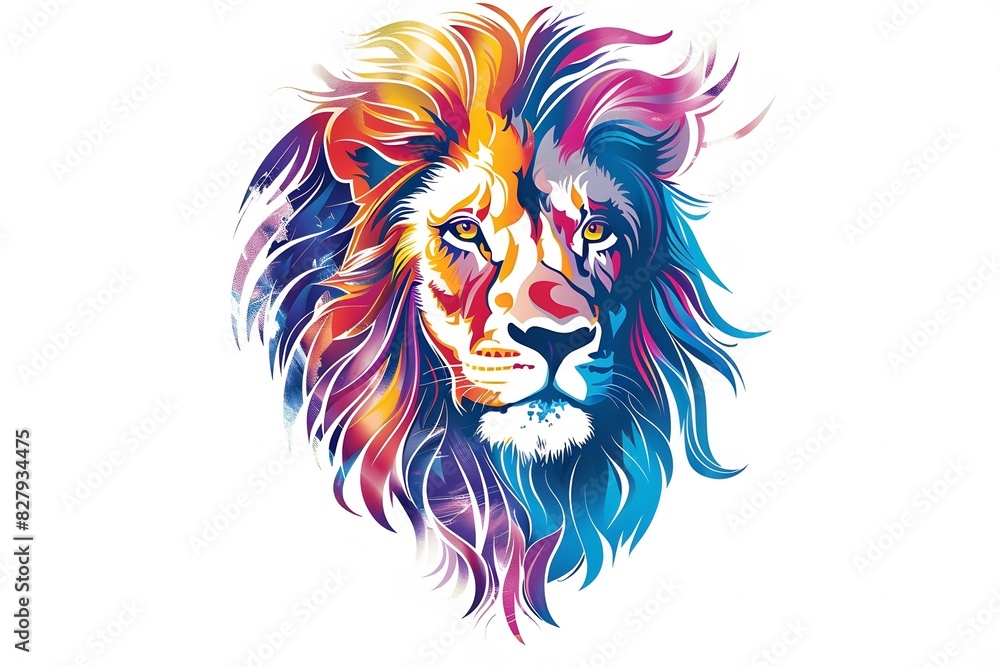 Lion, the head of a lion in a multi-colored flame. Abstract multicolored profile portrait of a lion head on a white background.