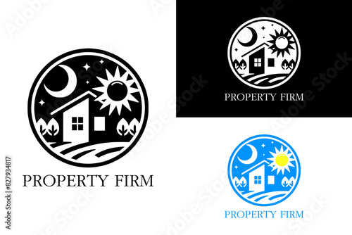 property firm construction real estate company silhouette home vector house sun moon nighttime logo