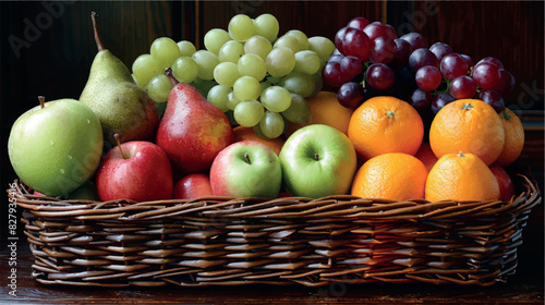 Large wicker basket with fruit. Apples, bananas, grapes, pears, tangerines, oranges, kiwis in a still life. Fresh fruits, berries, vitamin complex. Fructose, vitamin C, fruit composition.	