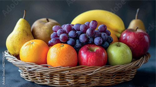 Large wicker basket with fruit. Apples, bananas, grapes, pears, tangerines, oranges, kiwis in a still life. Fresh fruits, berries, vitamin complex. Fructose, vitamin C, fruit composition.	