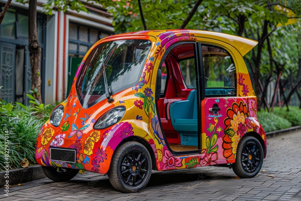 Fototapeta premium Futuristic vehicles in eclectic designs parked in an urban alley, highlighting the potential of personalized transportation in city landscapes