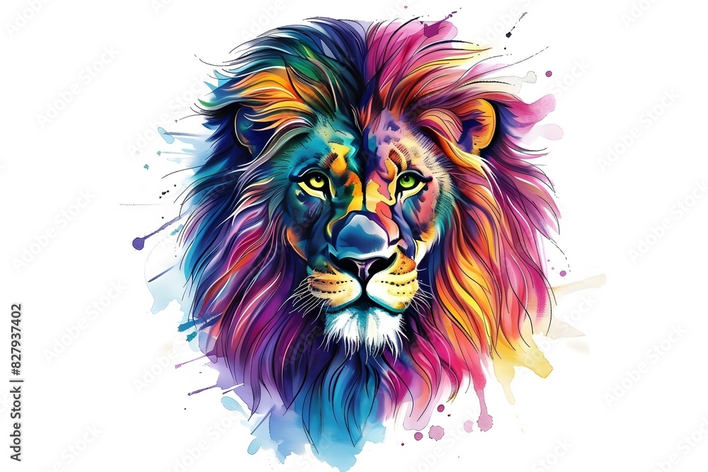 Obraz premium Lion, the head of a lion in a multi-colored flame. Abstract multicolored profile portrait of a lion head on a White background.