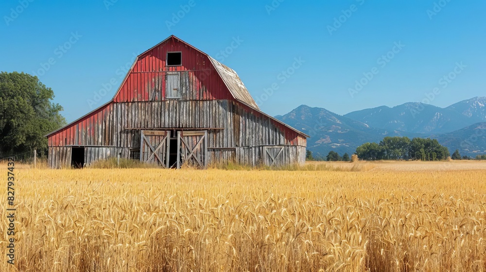 Charming rustic barn surrounded by golden wheat fields, weathered wooden exterior and red paint, clear blue sky and distant mountains Charming rustic barn surrounded by golden wheat fields, weathered wooden exterior and red paint, clear blue sky and distant mountains