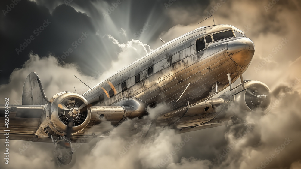 Old silver airplane in dramatic weather conditions.