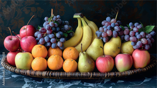 Large wicker basket with fruit. Apples, bananas, grapes, pears, tangerines, oranges, kiwis in a still life. Fresh fruits, berries, vitamin complex. Fructose, vitamin C, fruit composition.	