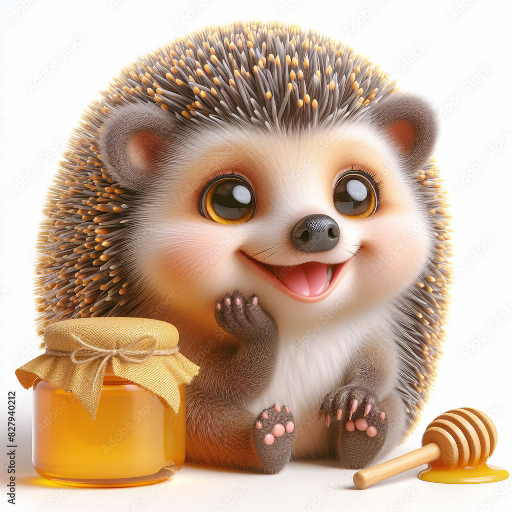 Hedgehog with a jar of honey on a white background.