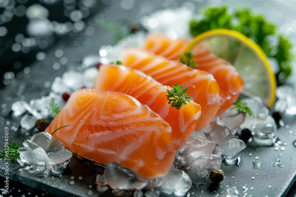 Fresh salmon fillet on a dark slate, accented with herbs and spices, ready for gourmet preparation Fresh salmon fillet on a dark slate, accented with herbs and spices, ready for gourmet preparation