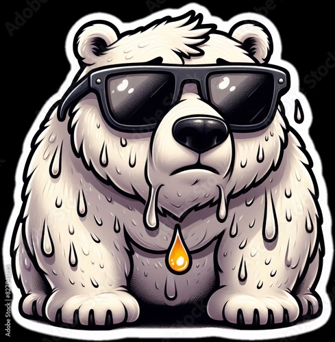 
Sticker of a polar bear with sunglasses sweating in the heat. photo