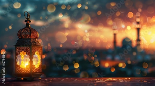 islamic lantern with a blurred mosque background for Ramadan Kareem wallpaper