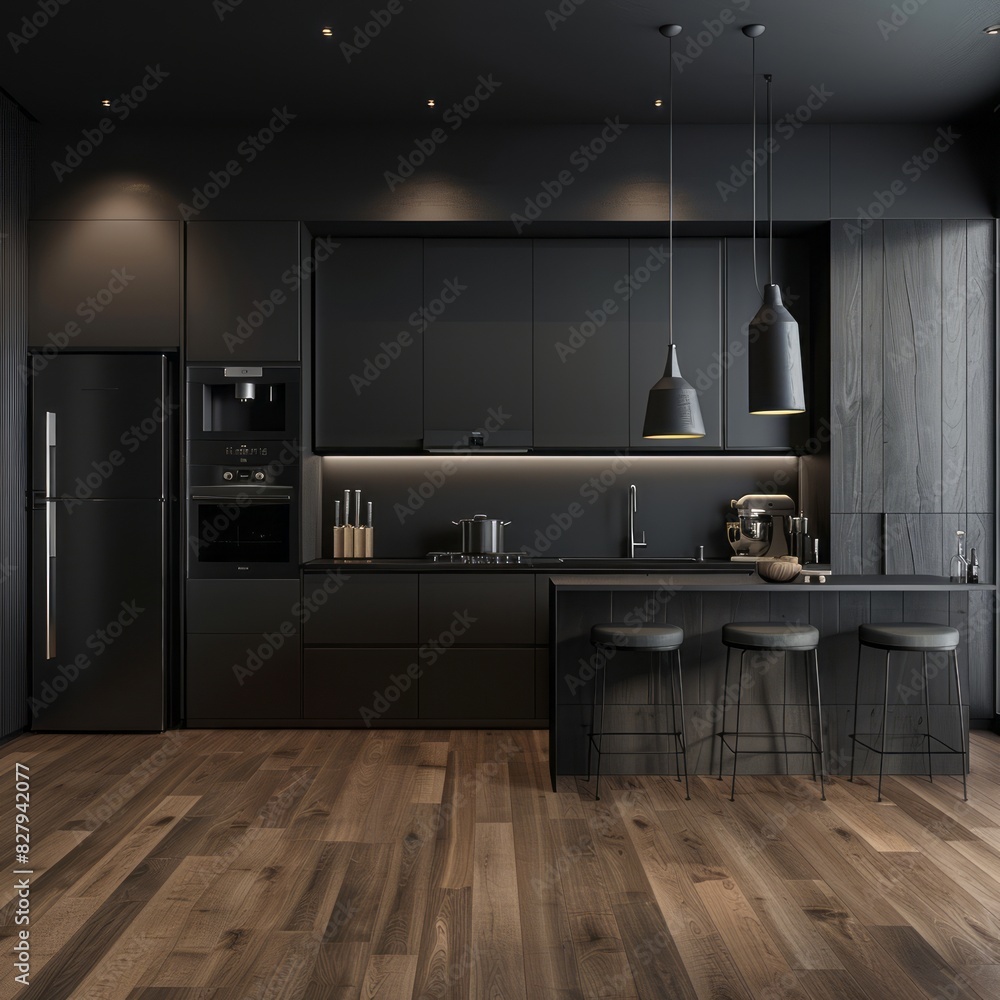 Dark kitchen interior with premium black stainless steel appliances, dark oak flooring, and minimalist design elements creating a sleek and functional space Dark kitchen interior with premium black stainless steel appliances, dark oak flooring, and minimalist design elements creating a sleek and functional space