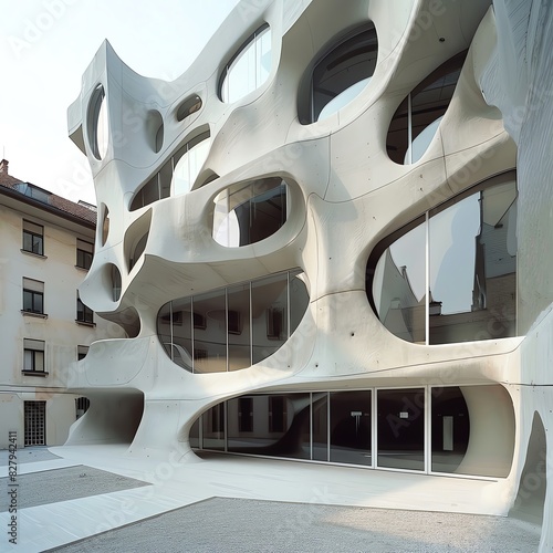 The image shows an unusual and futuristic building with lots of curves and round shapes photo